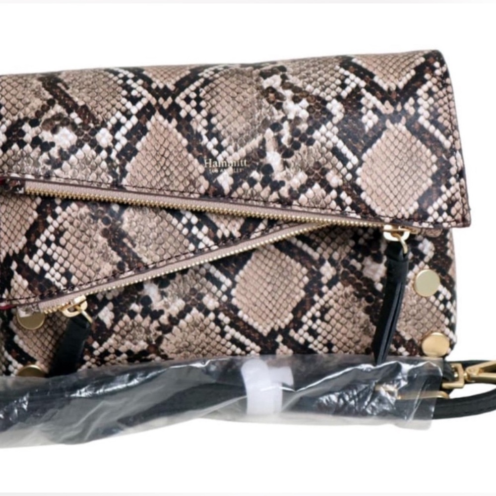 Hammitt Snake Print Foldover Crossbody in Tan and Black with Gold Hardware